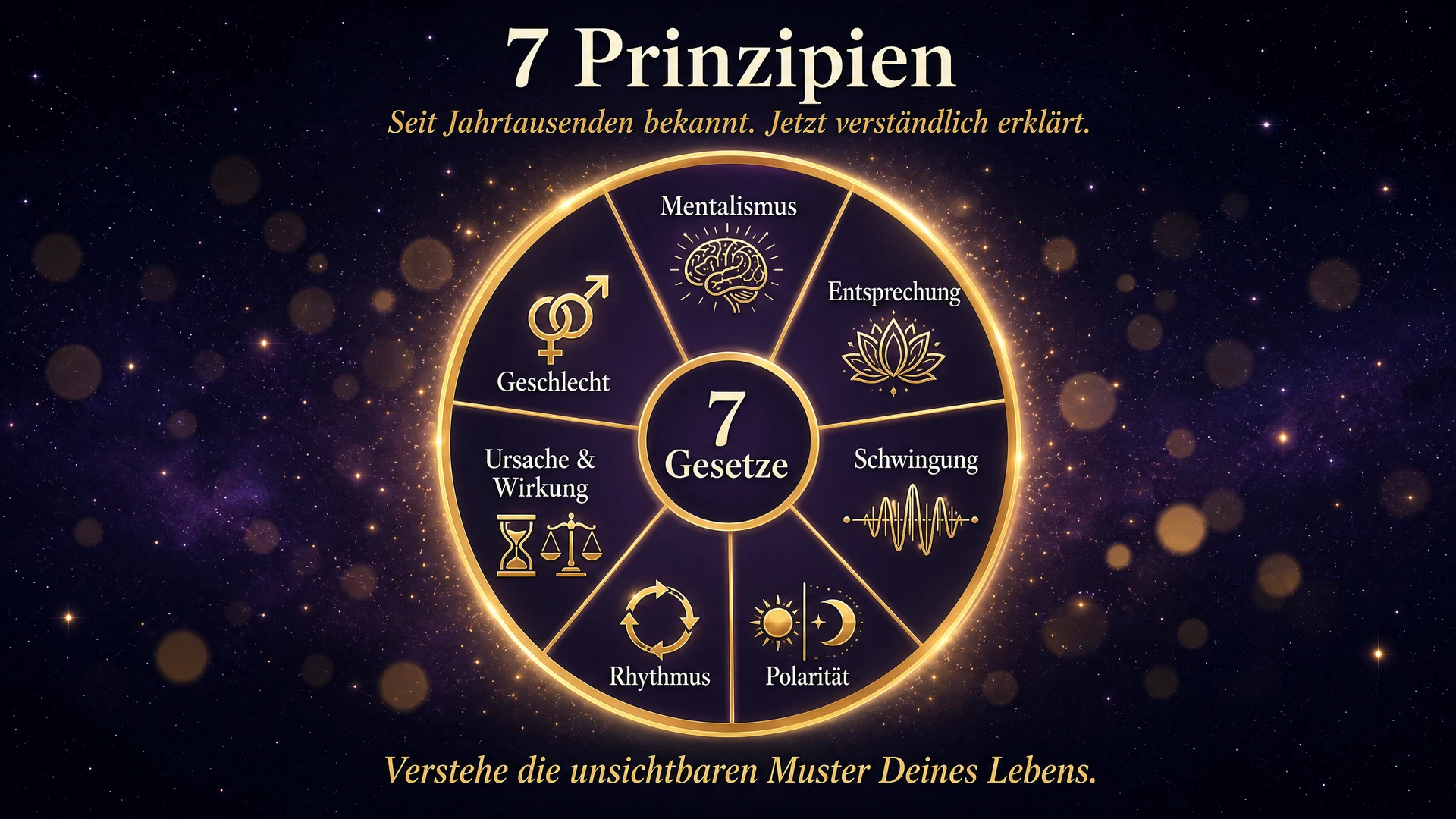 Die 7 hermetischen Gesetze mit sieben gleichwertigen Segmenten: Mentalismus, Entsprechung, Schwingung, Polarität, Rhythmus, Ursache und Wirkung sowie Geschlecht