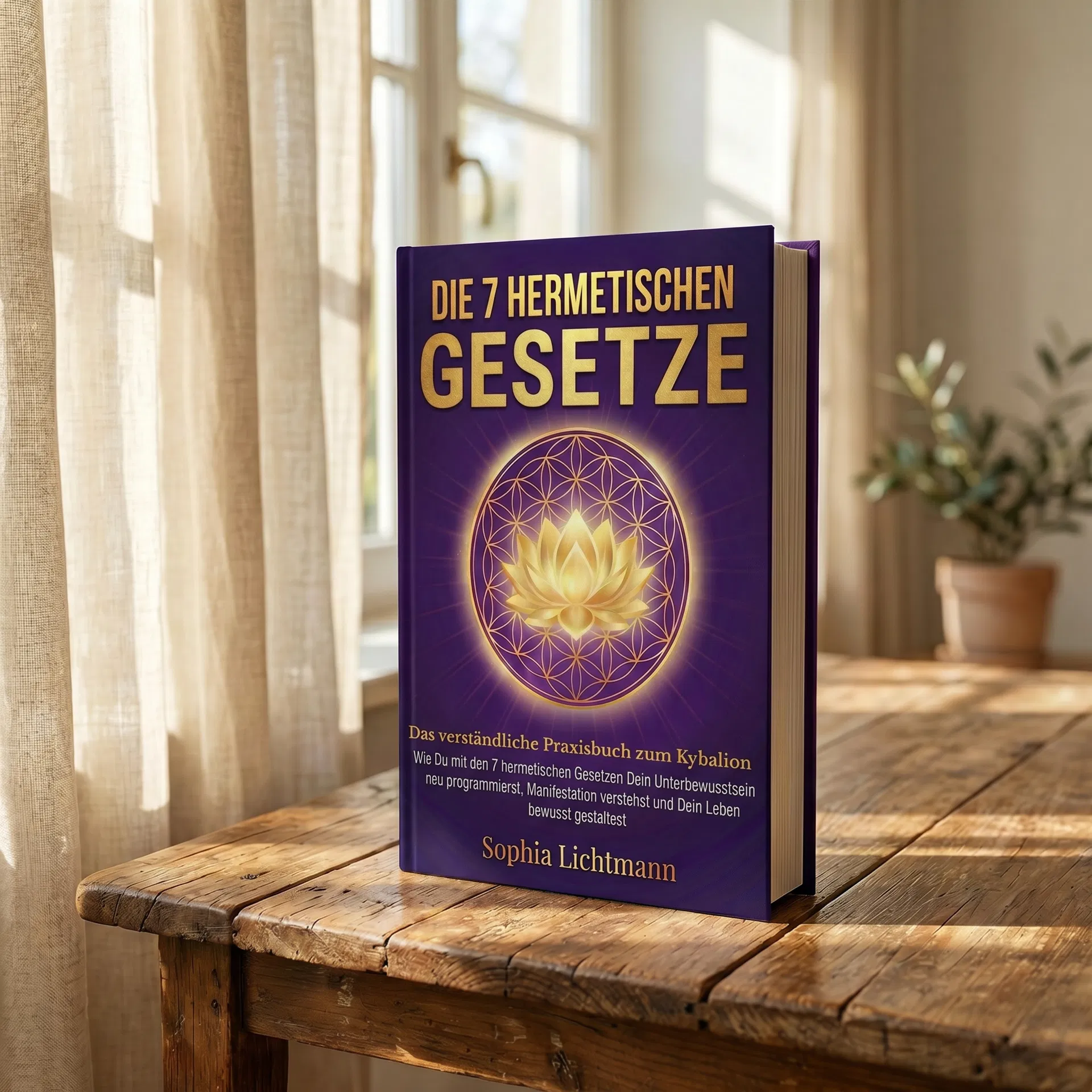 Die 7 hermetischen Gesetze als Buchmockup im warmen Morgenlicht