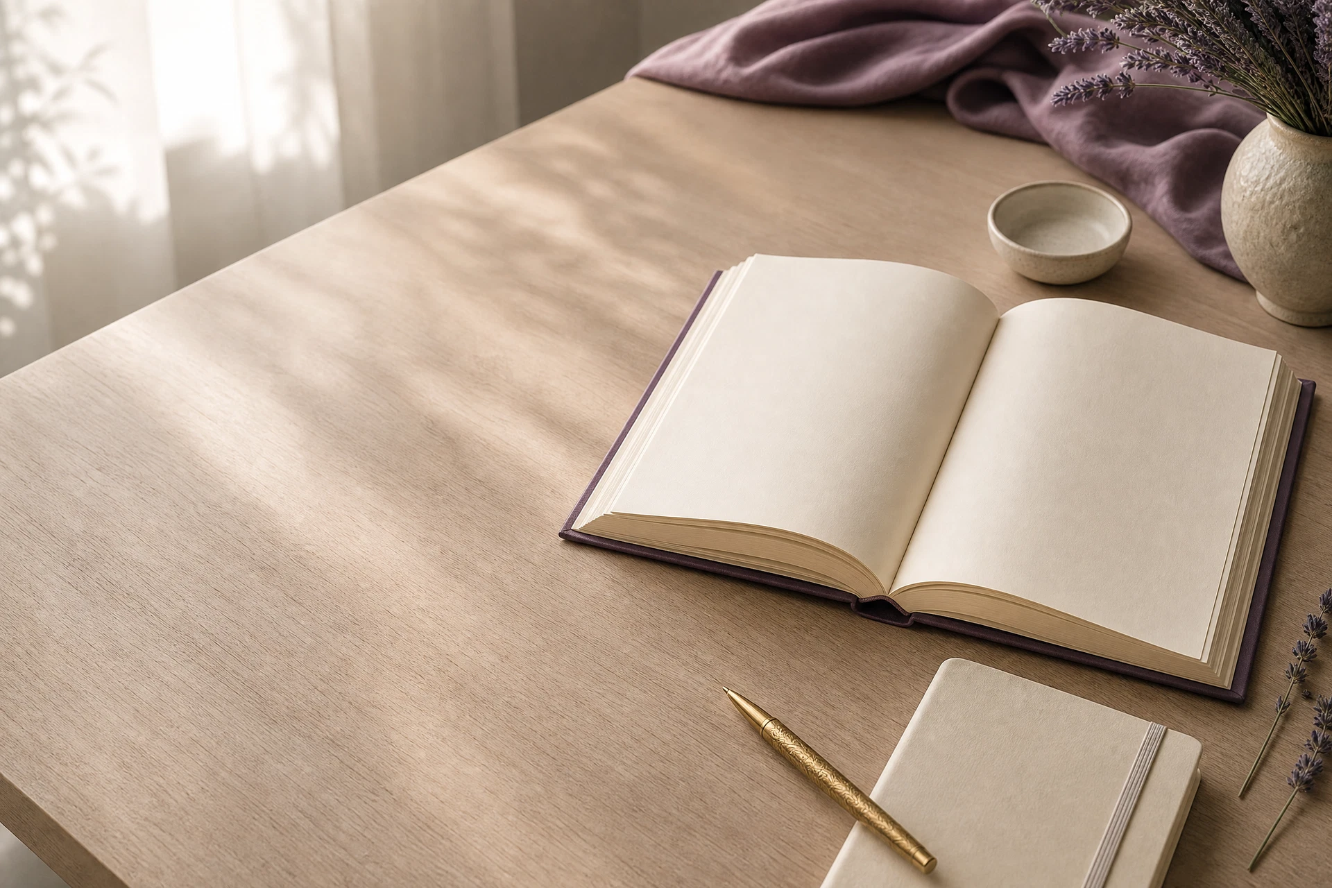 Aufgeschlagenes Buch und Notizbuch im warmen Morgenlicht